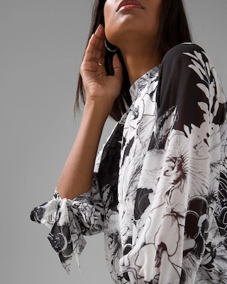 Black + White Floral Print Tie-Sleeve Blouse
