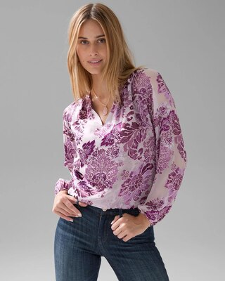 Long Sleeve Floral Silk Burnout Blouse