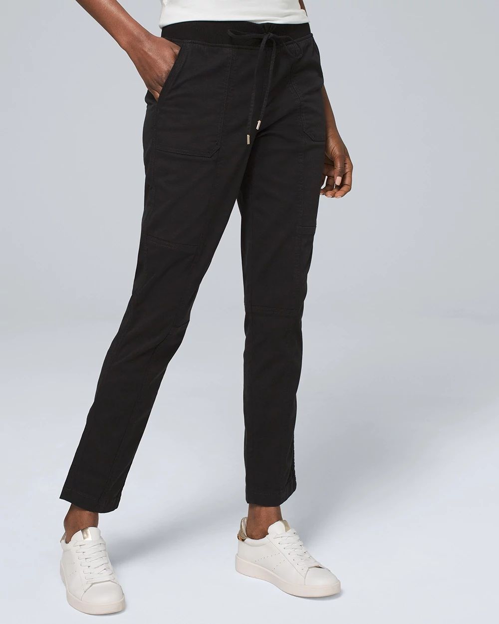 Mid-Rise Tapered Ankle Pants with Rib Knit Waistband