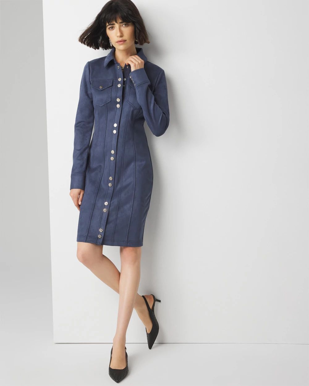 Petite Long Sleeve Faux Suede Shacket Dress