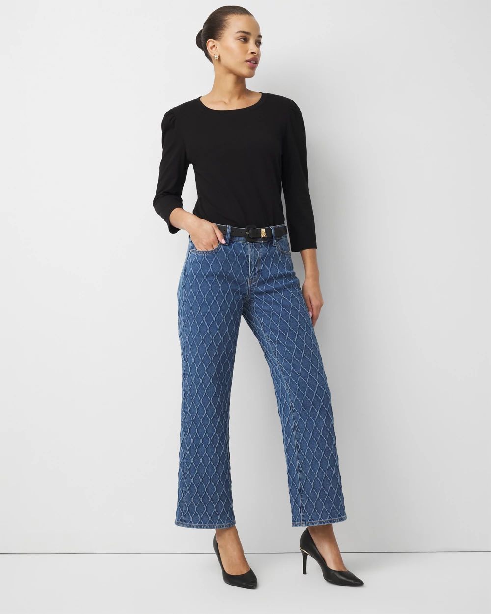 Petite Quilted Mid Rise Wide Leg Jean