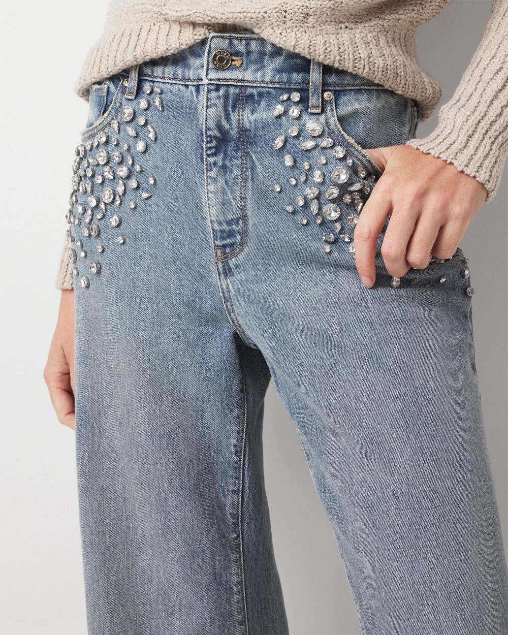 Rhinestone Extra High Rise Wide Leg Jean click to view larger image.