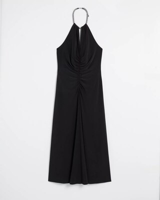Petite Crystal Halter Ruched Matte Jersey Dress