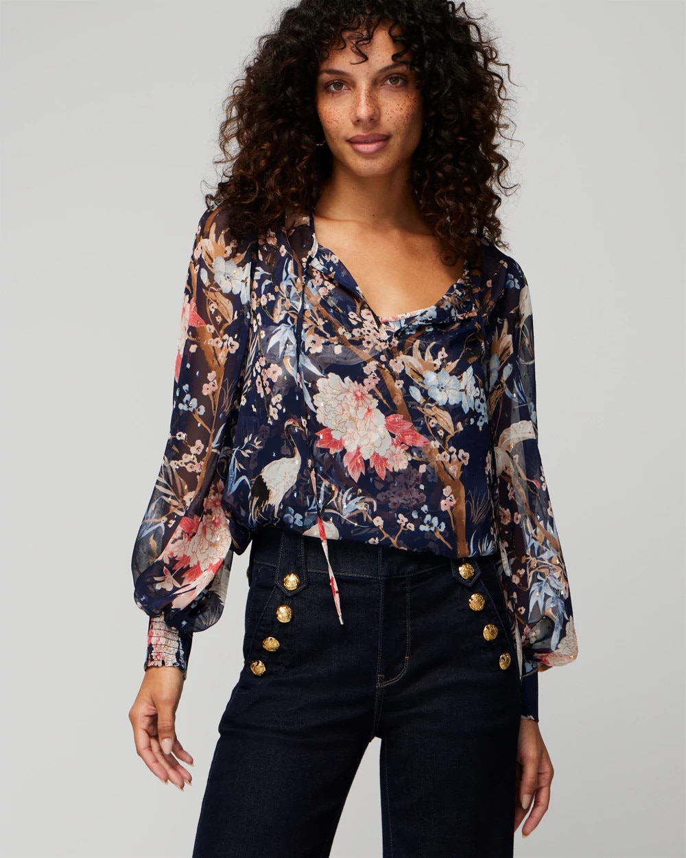 Long Sleeve Tie V-Neck Blouse