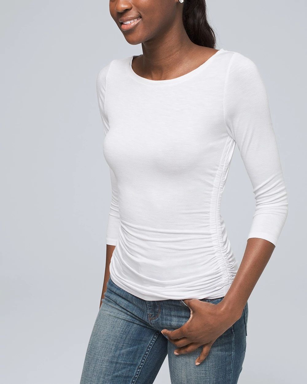 ¾ Sleeve Shirred-Side Knit Tee