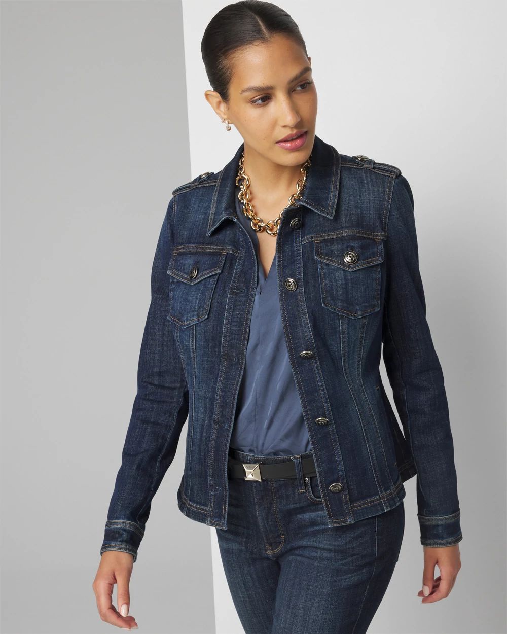 Button-Shoulder Denim Jacket