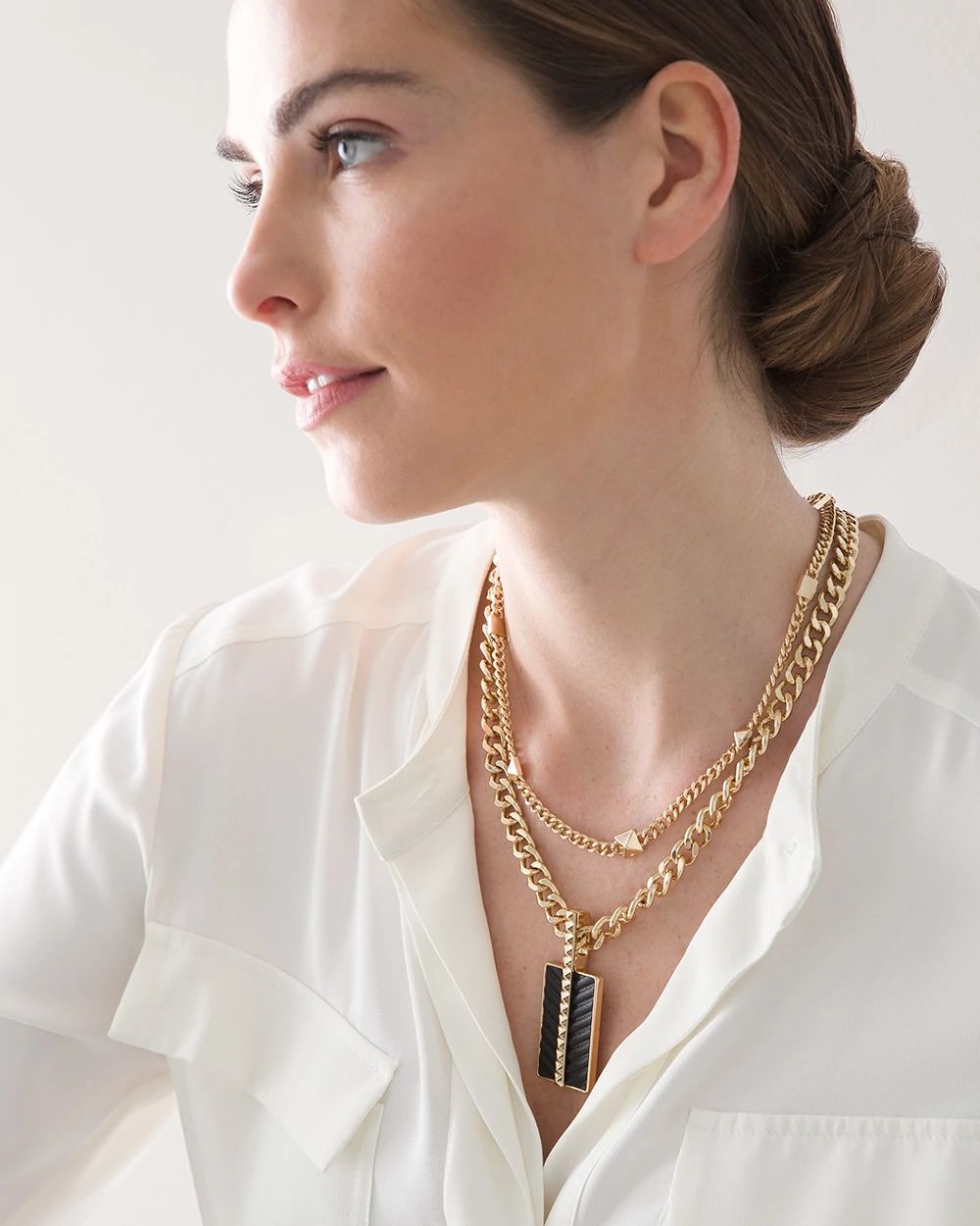 Goldtone & Leather Double Strand Studded Necklace
