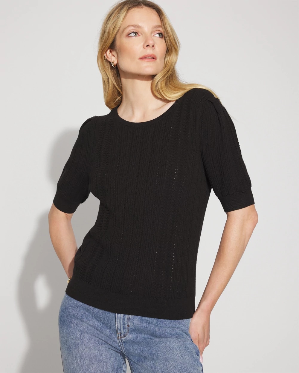 Pointelle Puff Sleeve Sweater