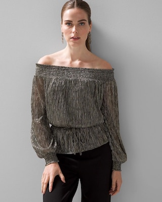 Long Sleeve Off-the-Shoulder Shimmer Top