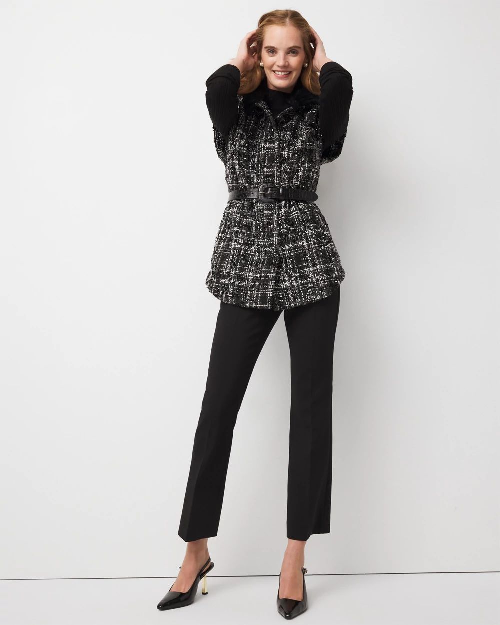 Convertible Faux Fur Sequin Tweed Vest