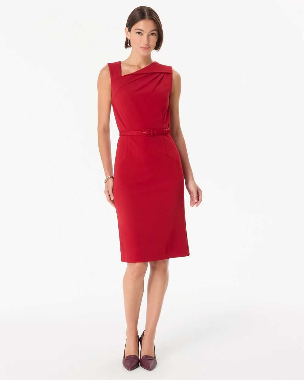Petite Knit Crepe Belted Sheath Dress