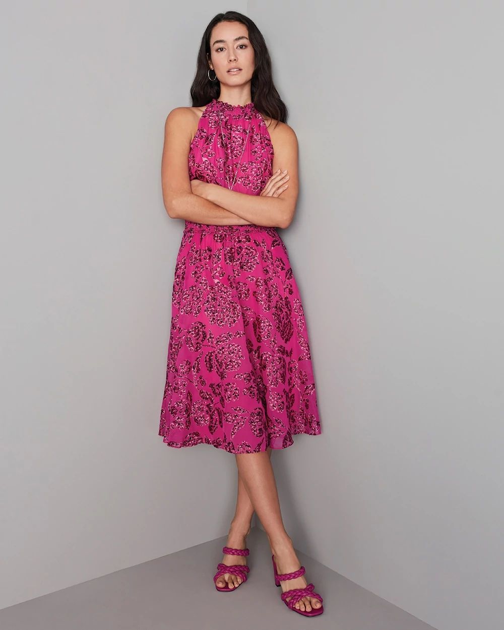 Floral Burnout Smocked-Neck Midi Dress