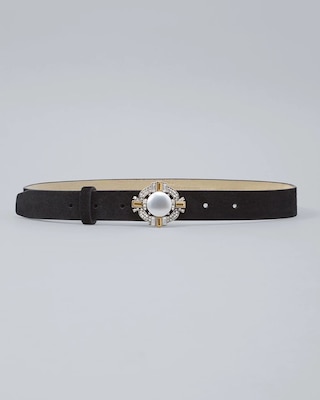 Embellished-Buckle Leather Skinny Belt