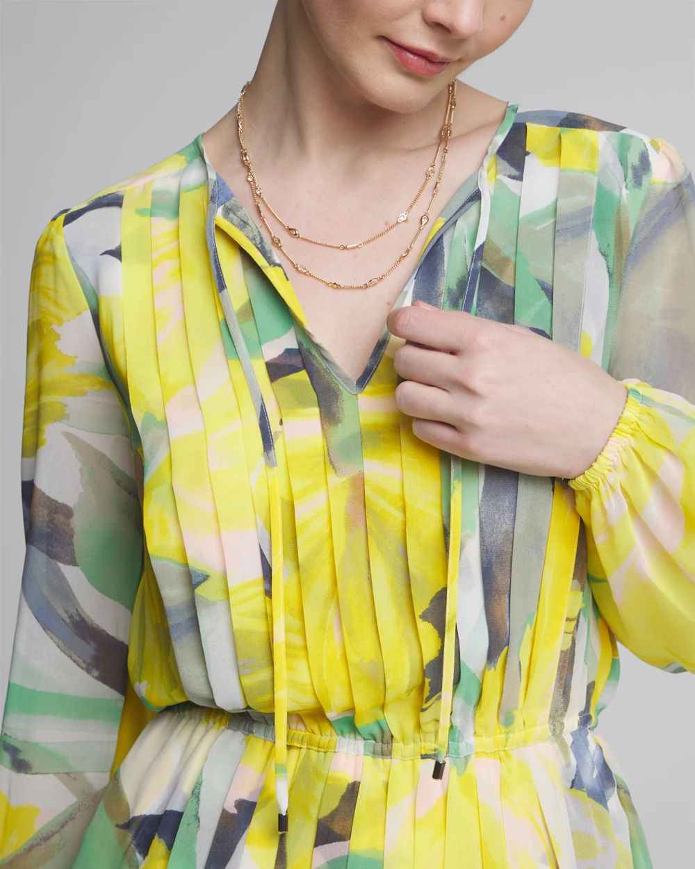 Long Sleeve V-Neck Pleated Chiffon Blouse