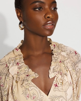 Floral Ruffle Neck Blouse with Gold Clip click to view larger image.