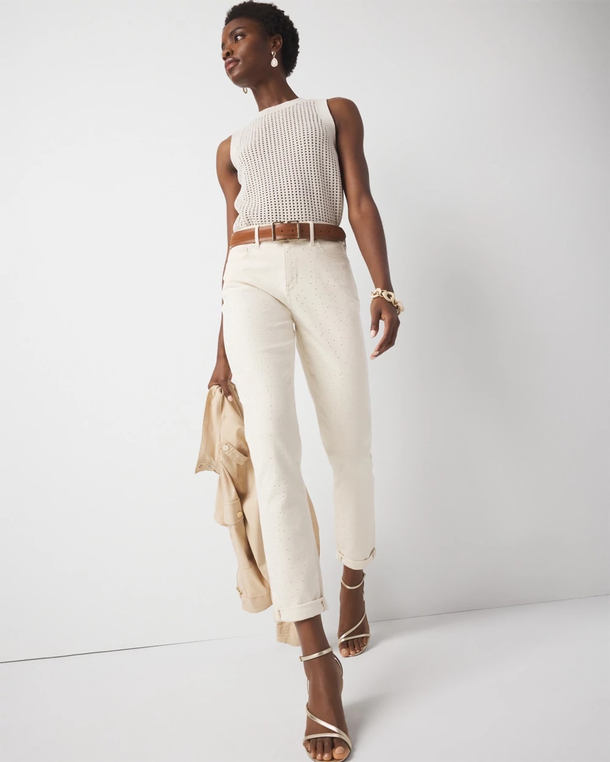 White House Black Market Petite Mid-rise Embellished Girlfriend Jeans In Neutral