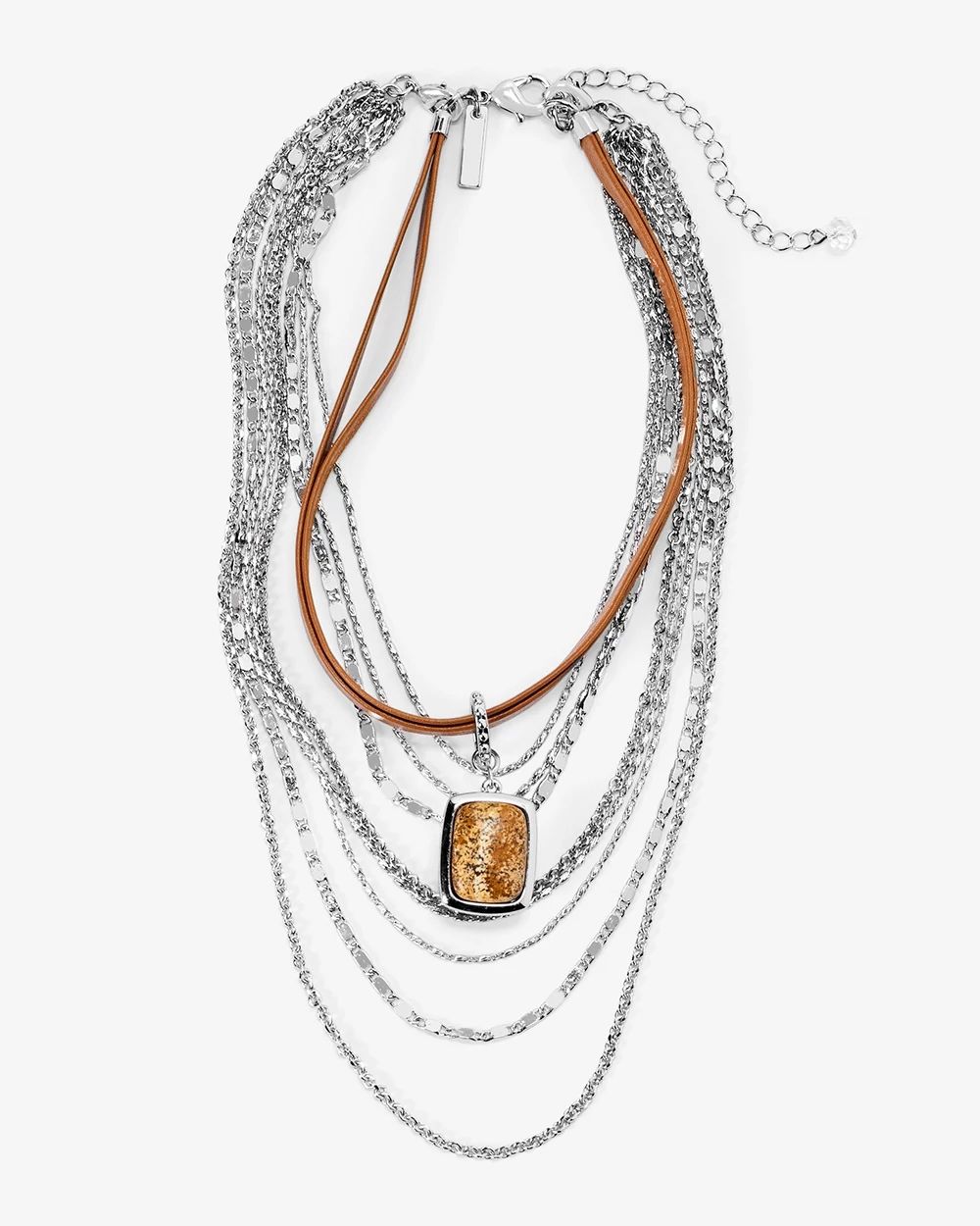 Leather & Silvertone Jasper Multi-Row Choker Necklace