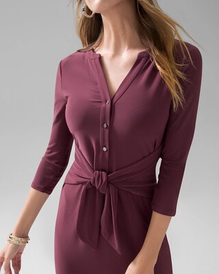 3/4 Sleeve Matte Jersey Tie-Front Shirt Dress