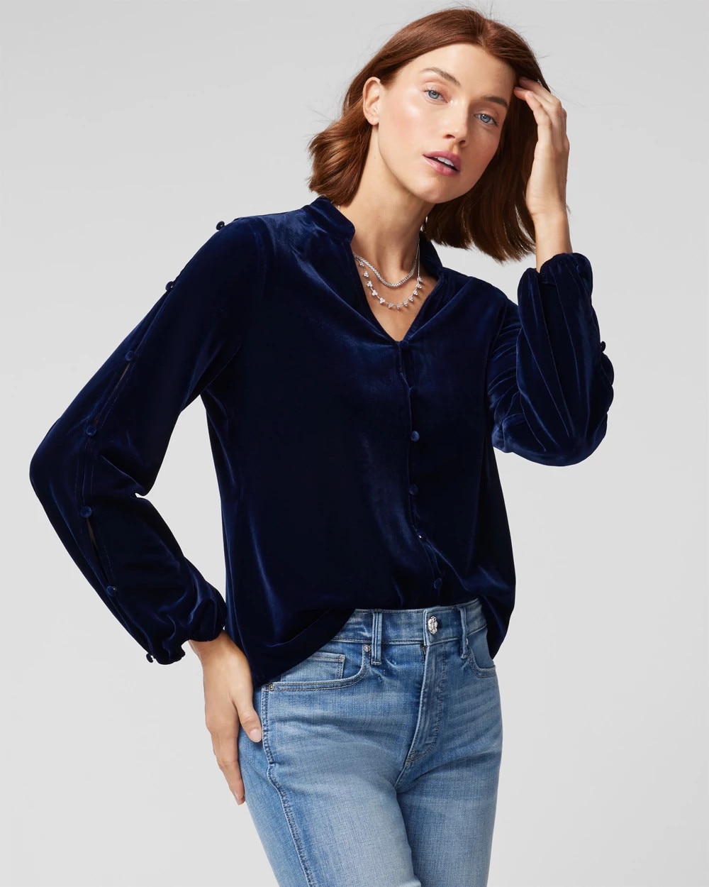 Long Sleeve V-Neck Velvet Blouse