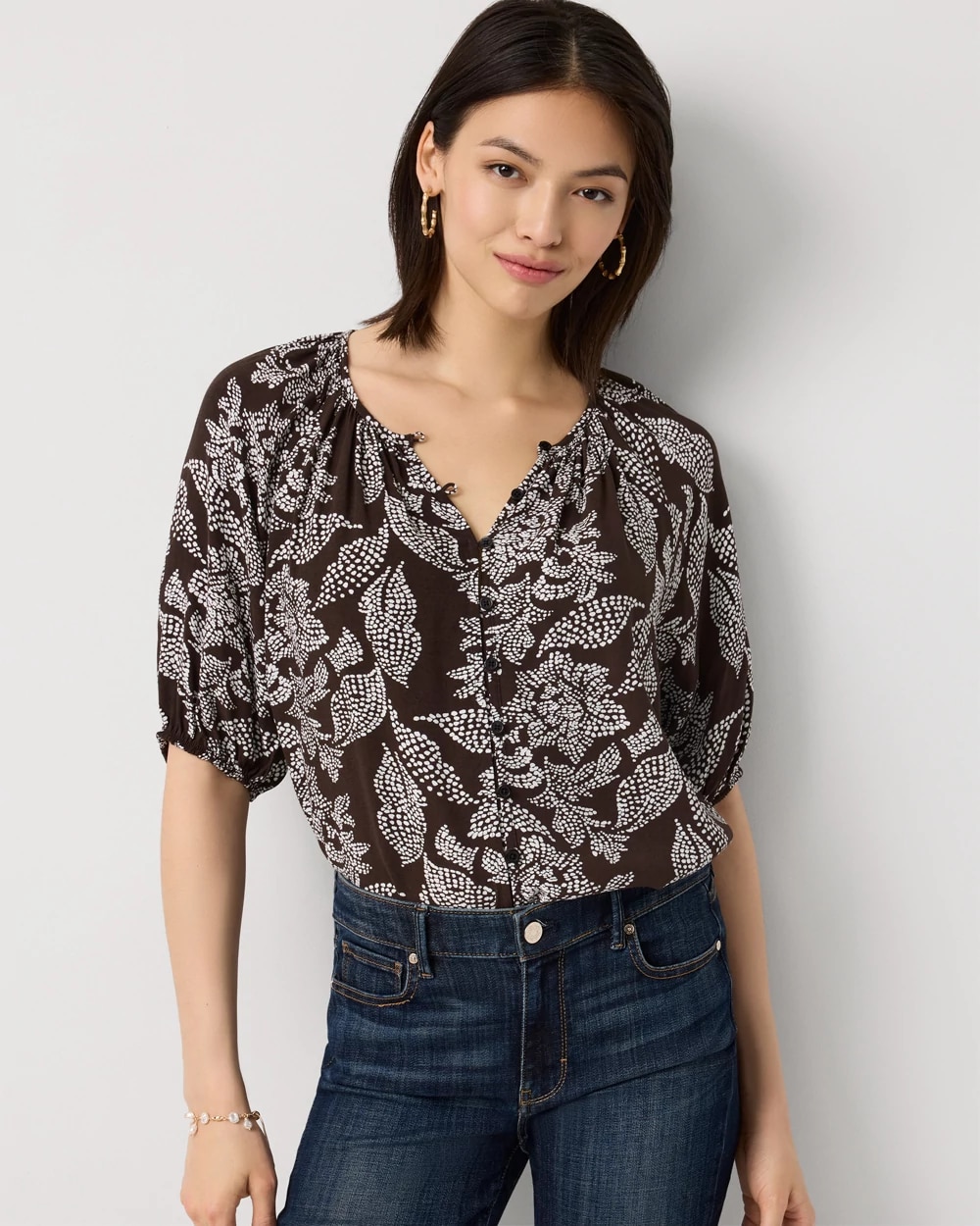Elbow Sleeve Button Front Blouse