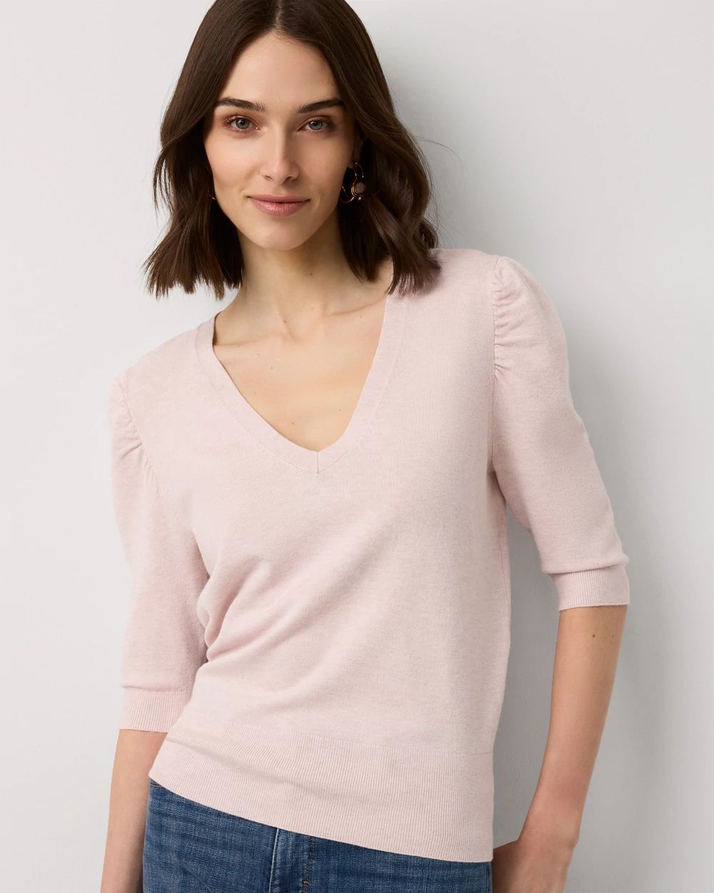 Ruched Sleeve V-neck Pullover