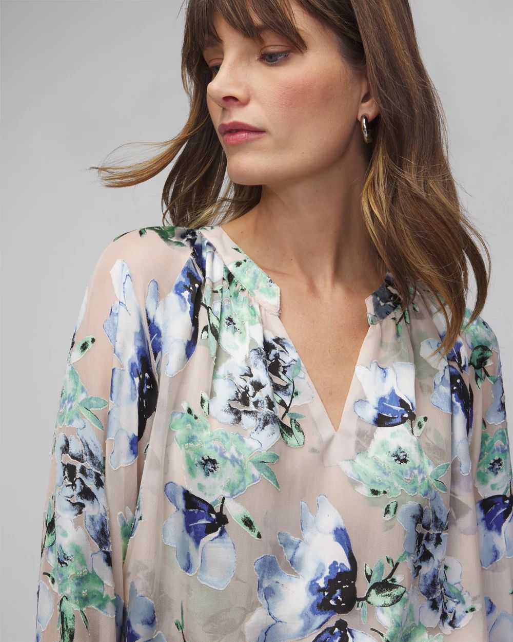 Long Sleeve Floral Silk Burnout Blouse