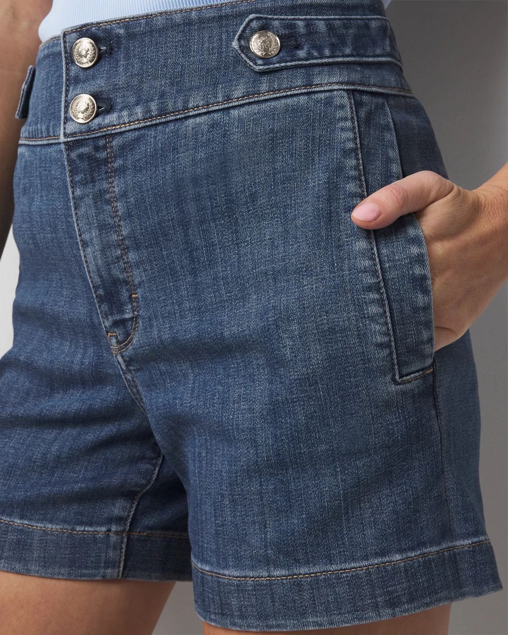 Extra High-Waist Novelty Button Denim Shorts click to view larger image.