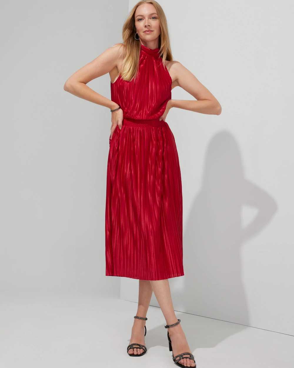 Outlet WHBM Sleeveless Halter Pleated Midi Dress click to view larger image.