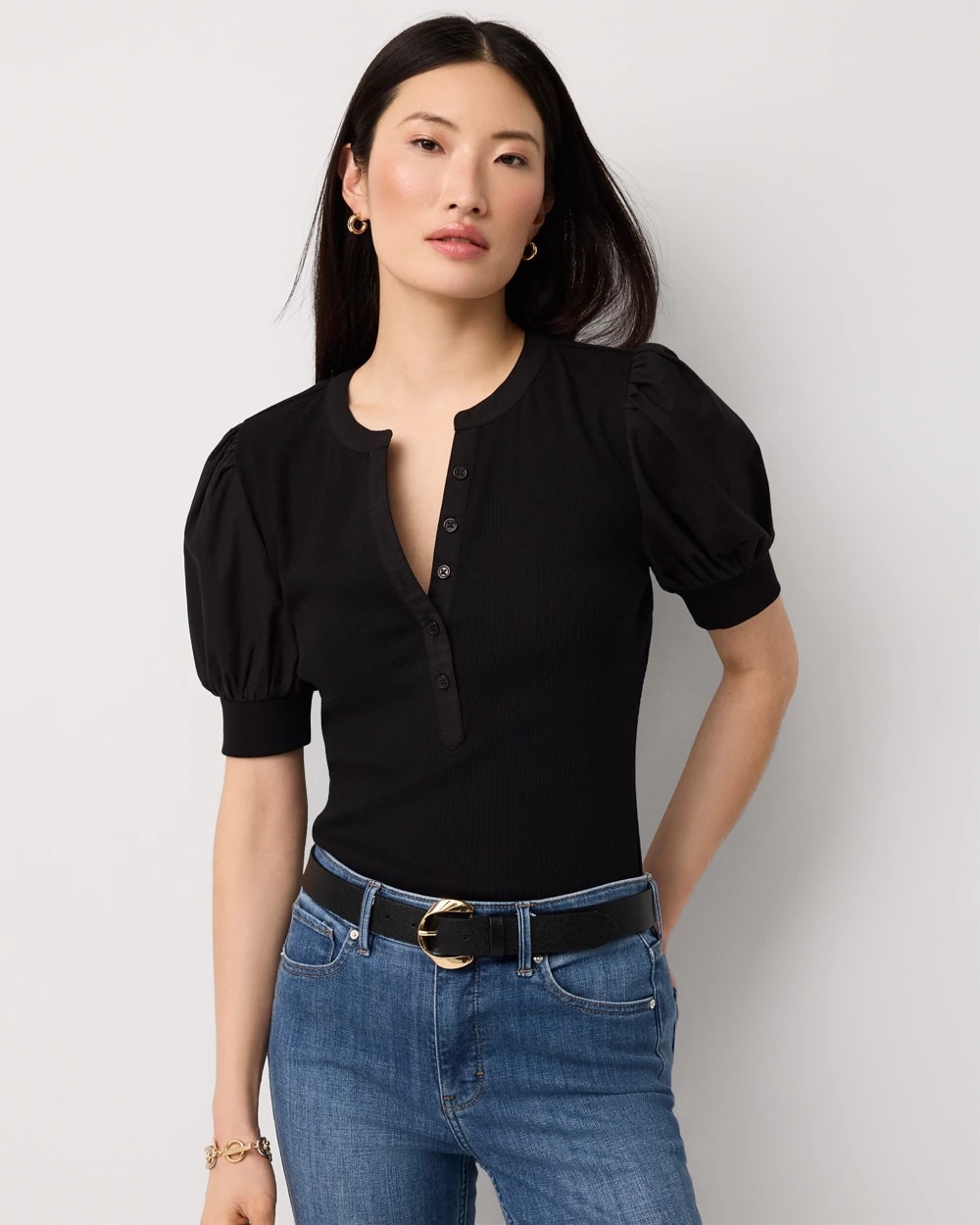 Poplin Puff Sleeve Henley Top