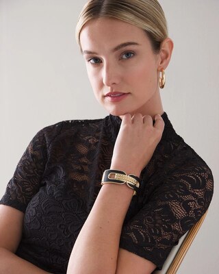 Goldtone Studded Black Leather Cuff