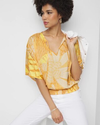 Elbow-Sleeve Smocked Bottom Kimono