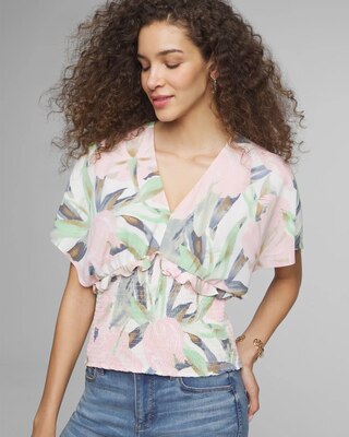 Elbow-Sleeve V-Neck Waist Detail Blouse