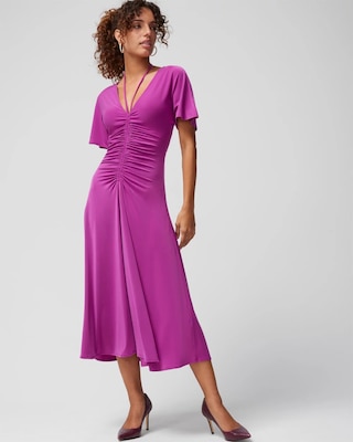 Short-Sleeve Ruched Front Midi Dress