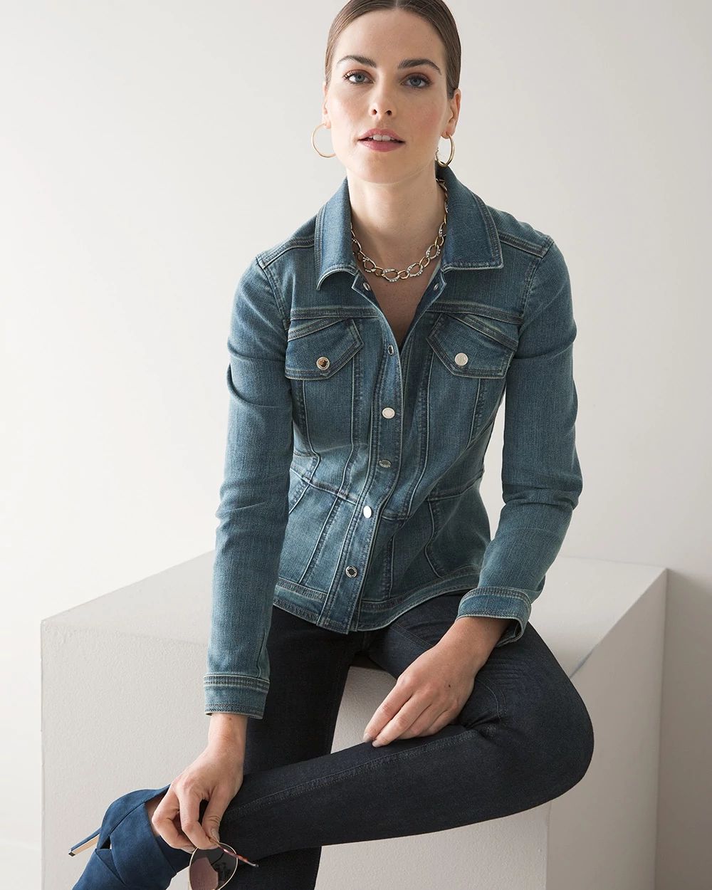 Petite Everyday Soft Denim Peplum Trucker Jean Jacket