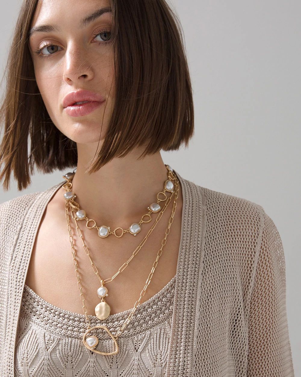 Goldtone Faux Pearl Multi-Strand Short Necklace