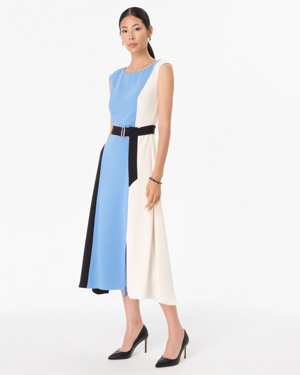 blue black colorblock dress Women's Petite Belted Midi in size 0 FIT Model measurements