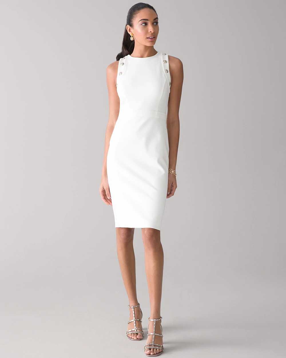 Petite Sleeveless Ponte Dress With Crest Button Detail click to view larger image.