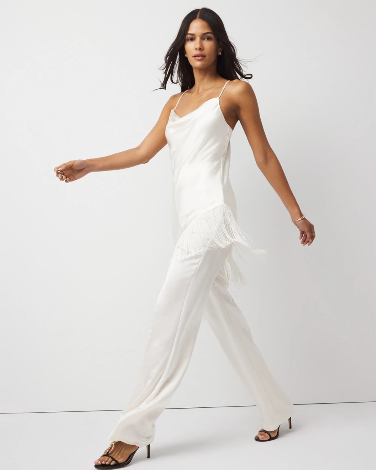 White House Black Market Fringe Satin Jumpsuit In White