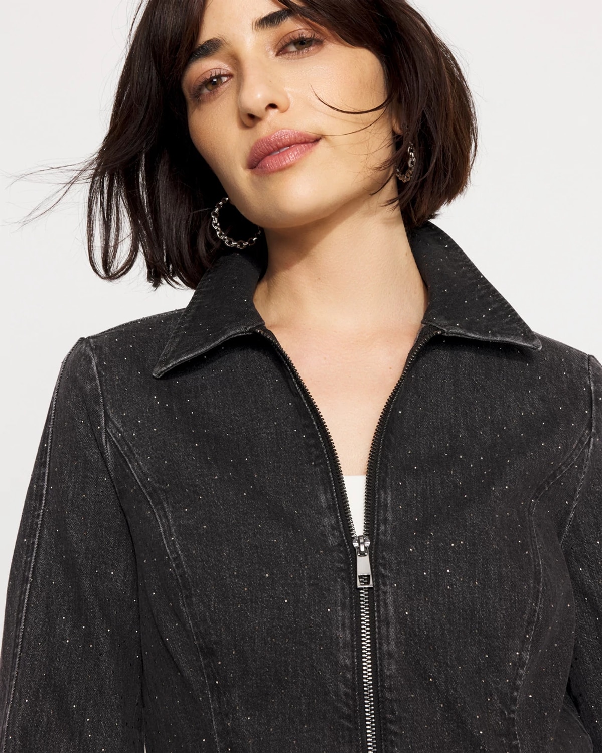 White House Black Market Petite Rhinestone Peplum Denim Jacket