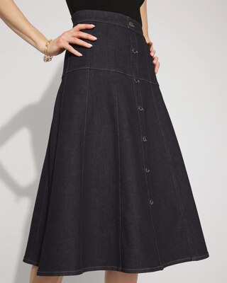 Drop Waist Denim A-Line Midi Skirt click to view larger image.