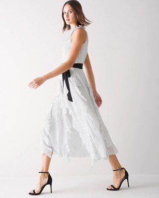 Sleeveless Flock-Dot Ruffled Midi Dress
