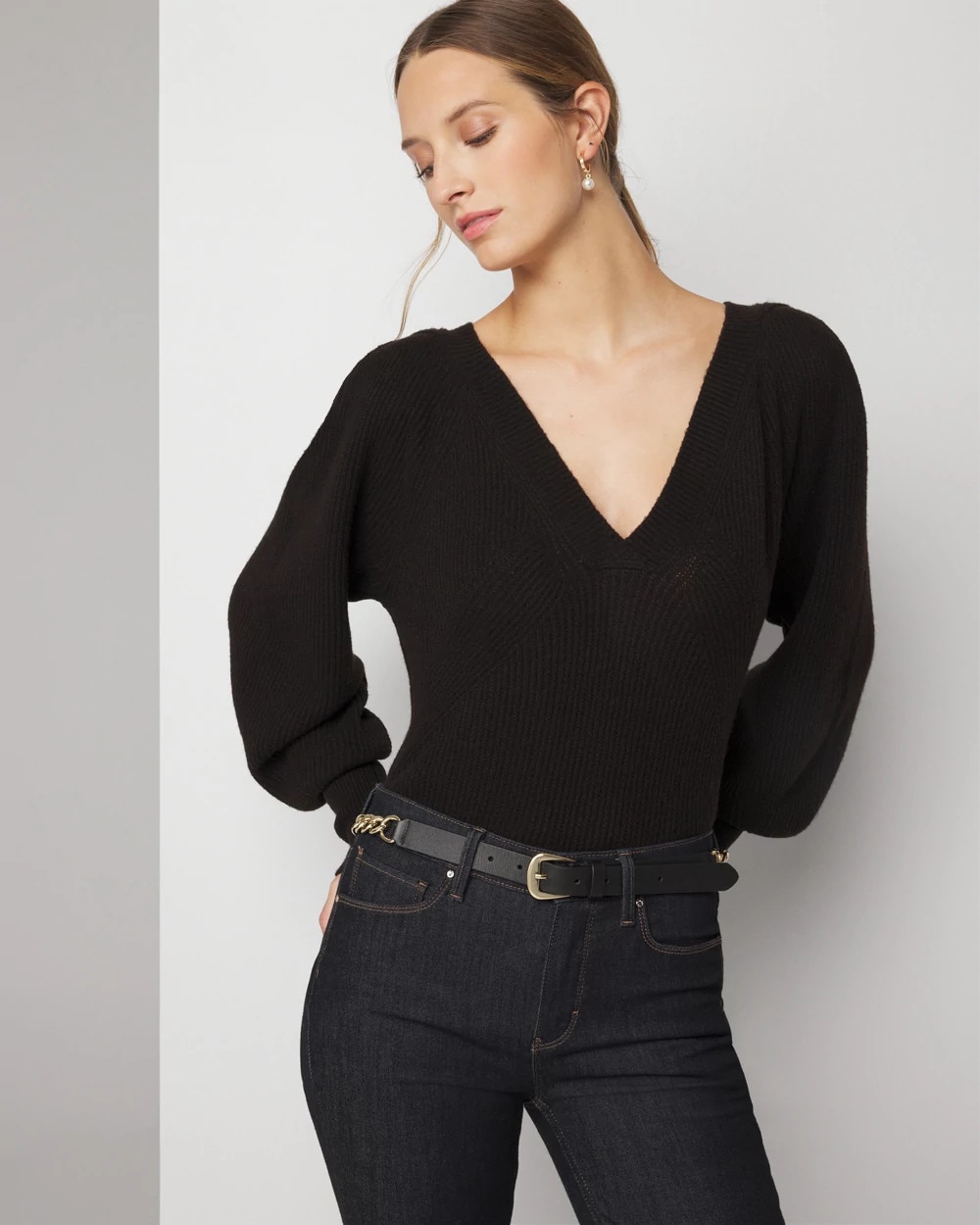 Pleated Shoulder V-Neck Pullover - image 1
