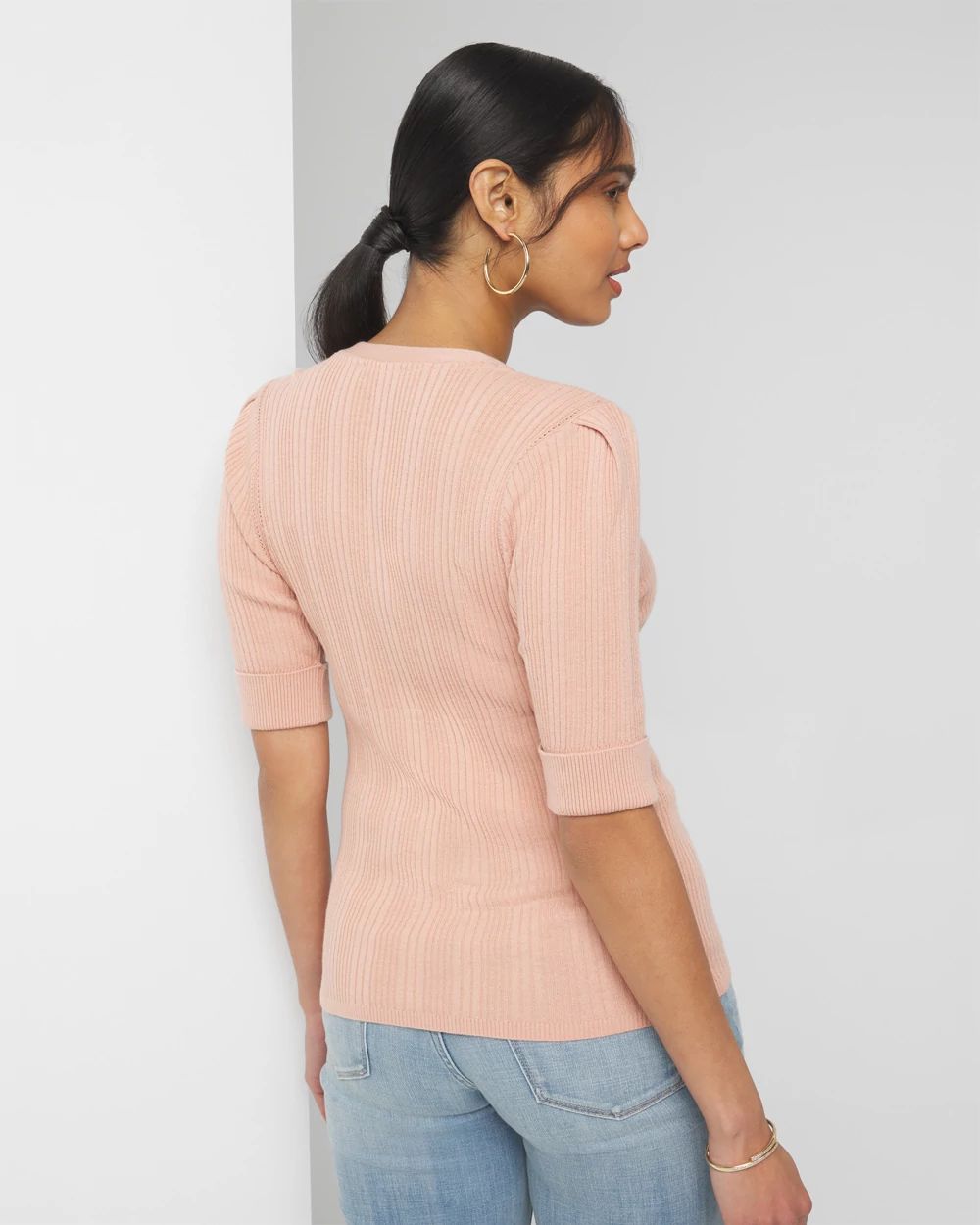 Cashmere Blend Elbow-Sleeve Henley Sweater click to view larger image.