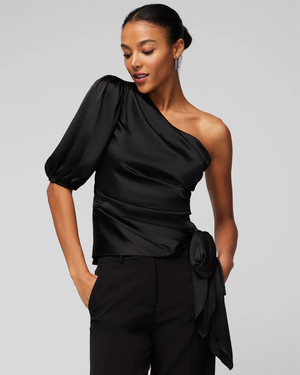 One Shoulder Satin Tie Blouse click to view larger image.
