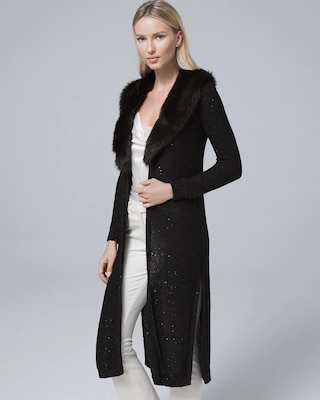Sequin-Detail Duster with Removable Faux Fur Collar