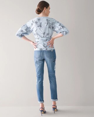Striped 3/4-Sleeve Poplin Wrap Blouse
