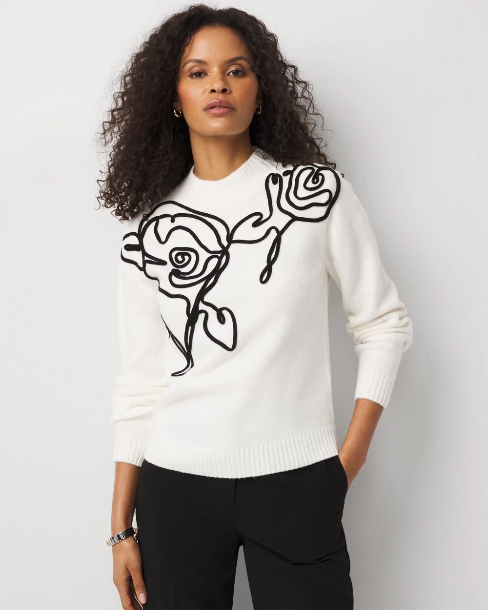 Petite Floral Applique Pullover Sweater