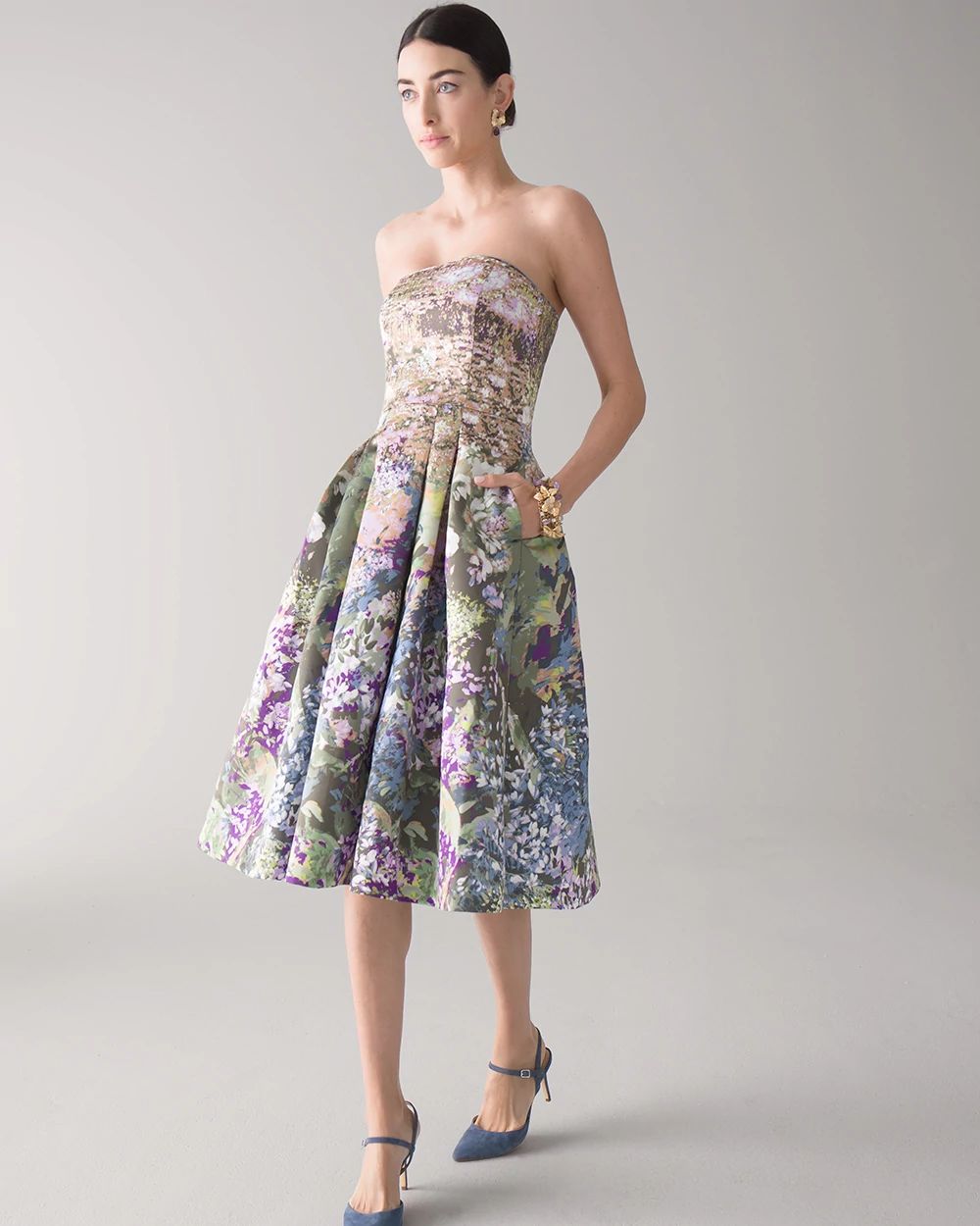 Strapless Watercolor Print Fit & Flare Dress click to view larger image.