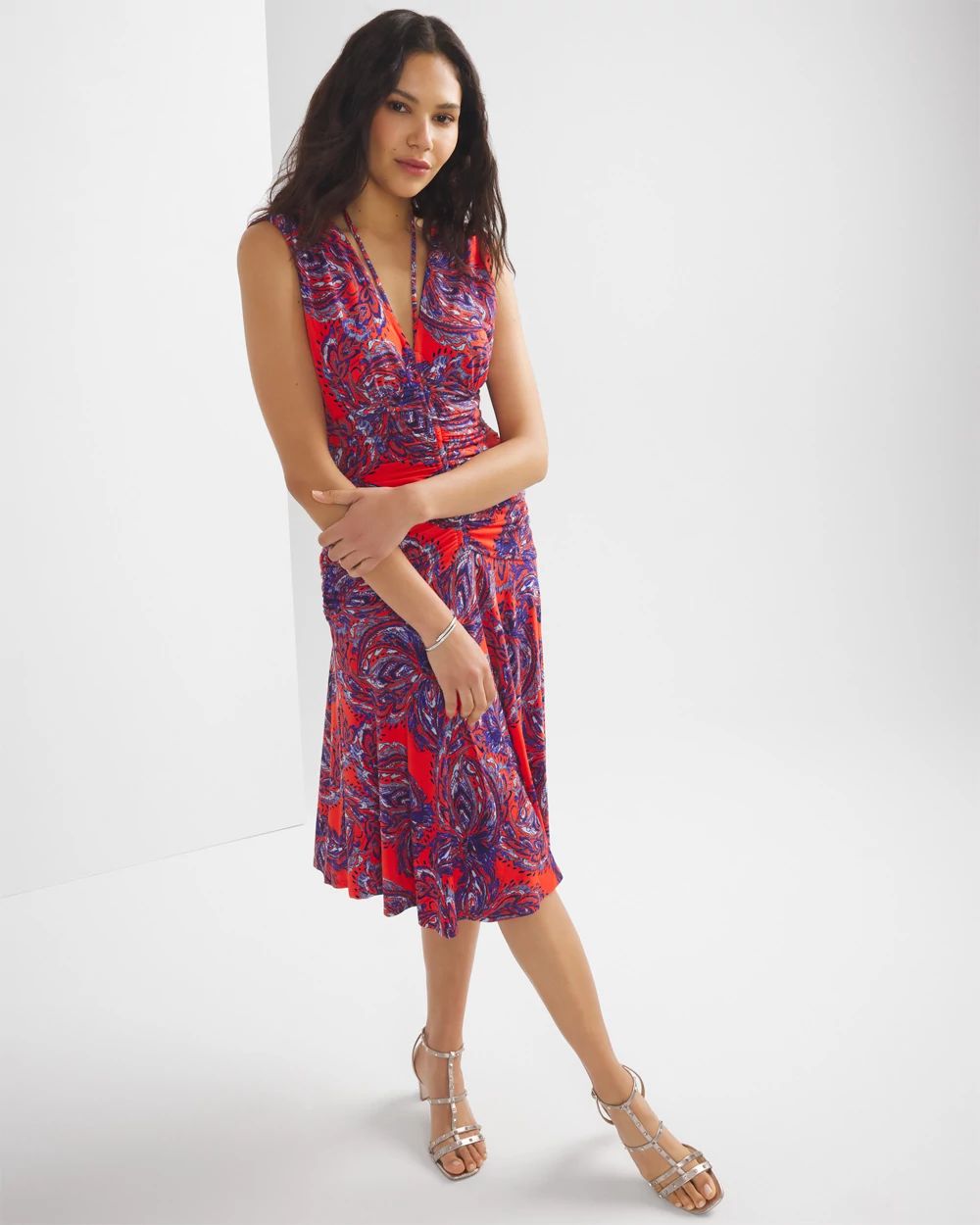 Ruched Tie-Shoulder Midi Dress