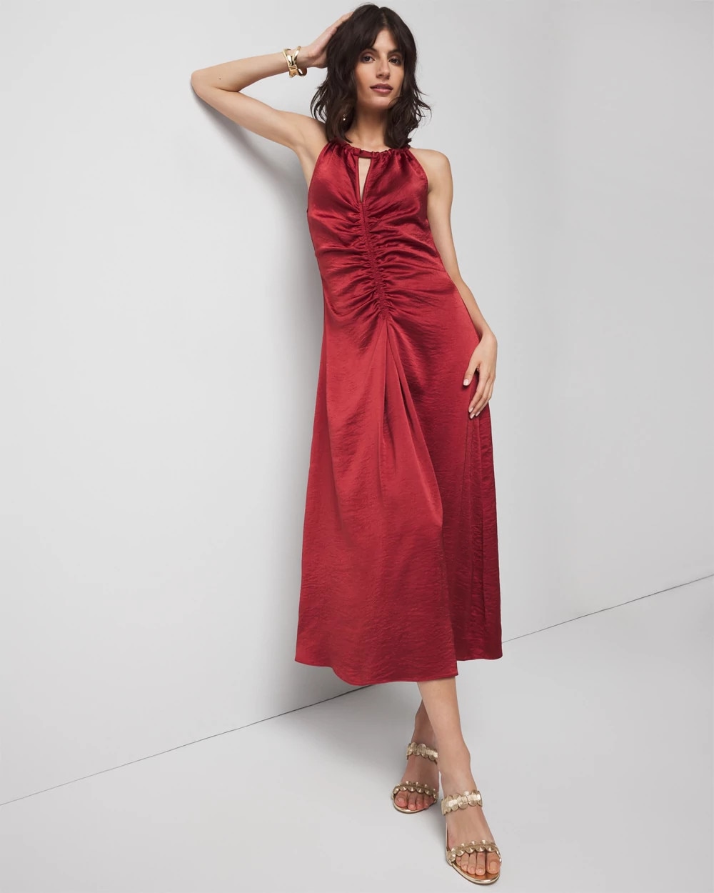 Petite Satin Halter Ruched Midi Dress